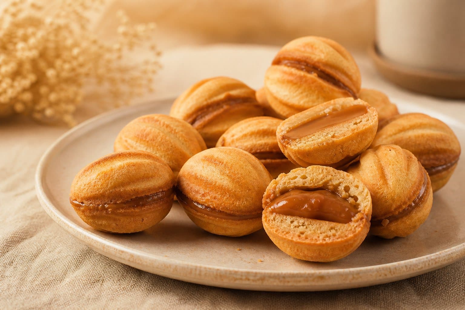 Oreshki faits maison au caramel sur une assiette en céramique beige